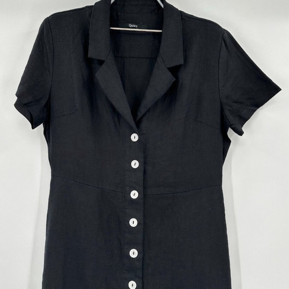 Quince Women's Black Linen Button Front Dress sz M Midi A-Line Short Sleeve PO